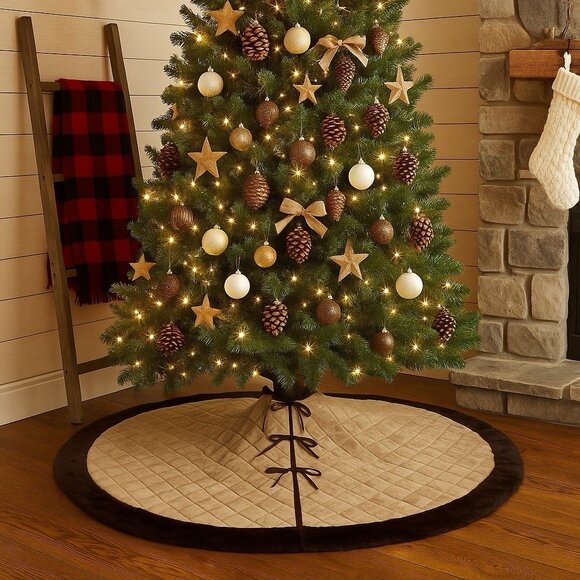 VTG Handmade 60” Quilted Faux Suede Woodland Christmas Tree Skirt Faux Fur Trim - Picture 1 of 9
